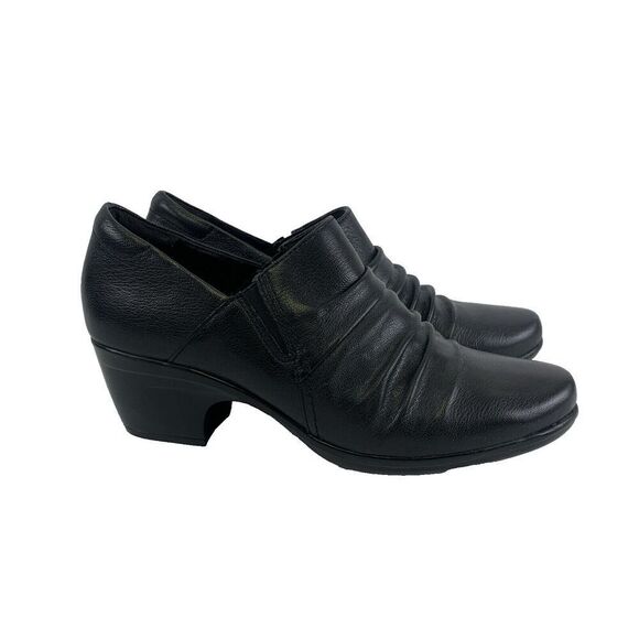 Clarks Emily Cove Pump Black Leather Slip On Low Heel Ruched Round Womens 9.5 - Picture 1 of 13